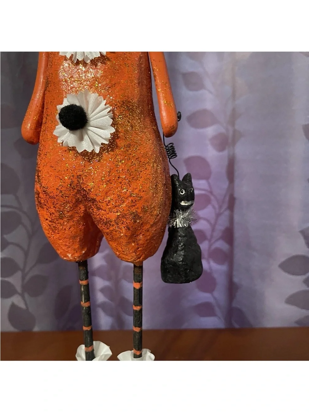 RARE Pier 1 Pumpkin Head With Cat Halloween Figurine Folk Art  Glittery 15½